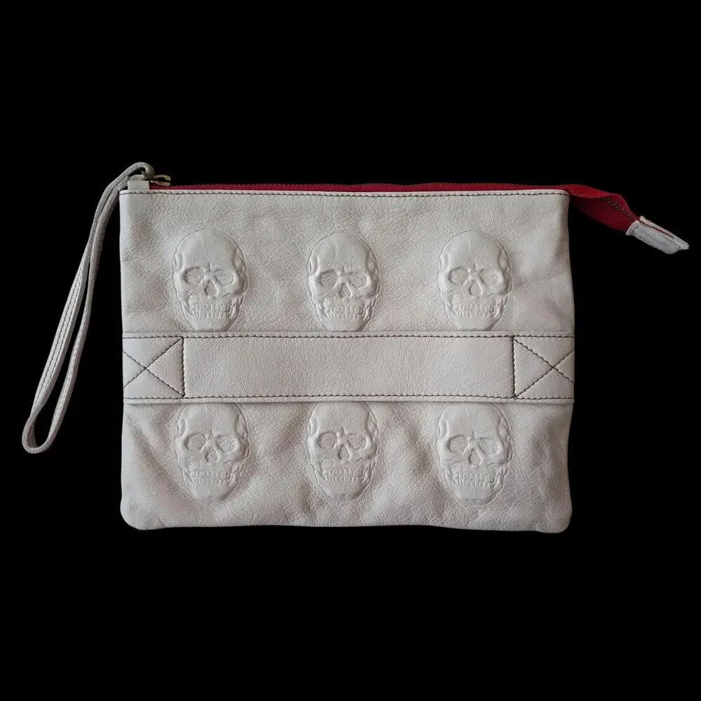 Goth Skull Embossed Leather Wristlet Creamy Gray Italy Made Alternative Edgy